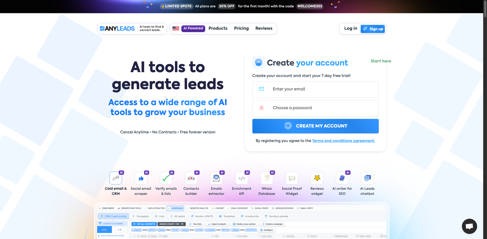 AnyLeads homepage