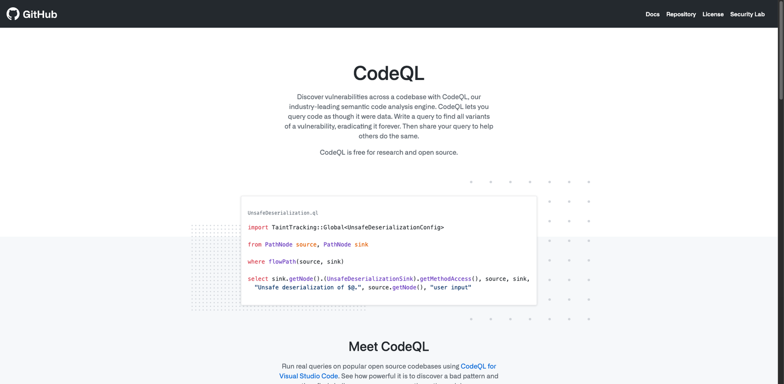 GitHub CodeQL homepage