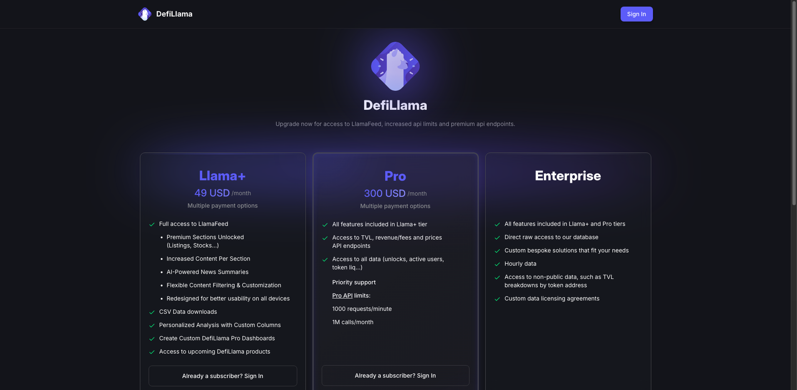 DefiLlama pricing