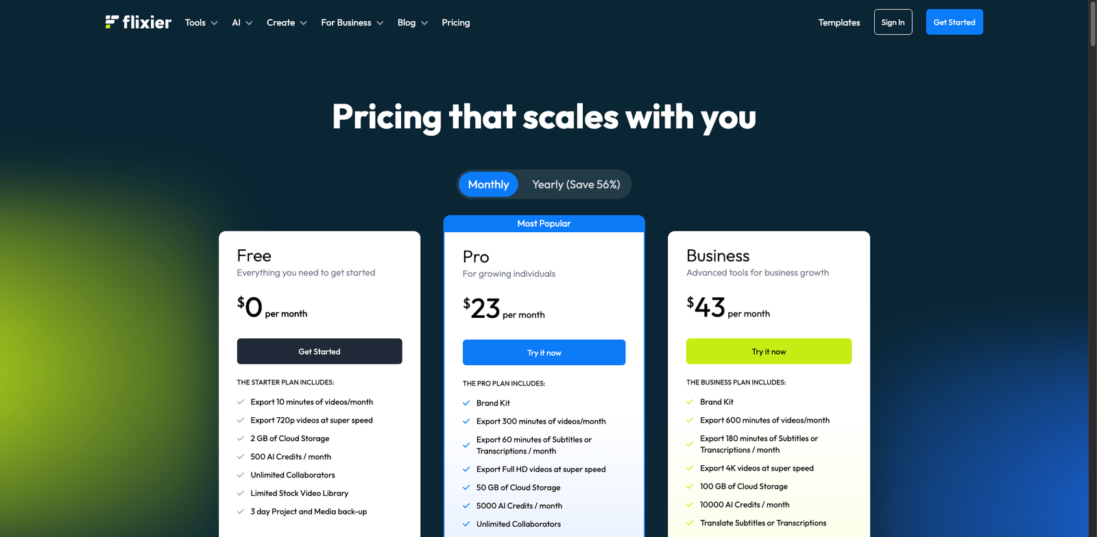 Flixier AI Audio/Video pricing
