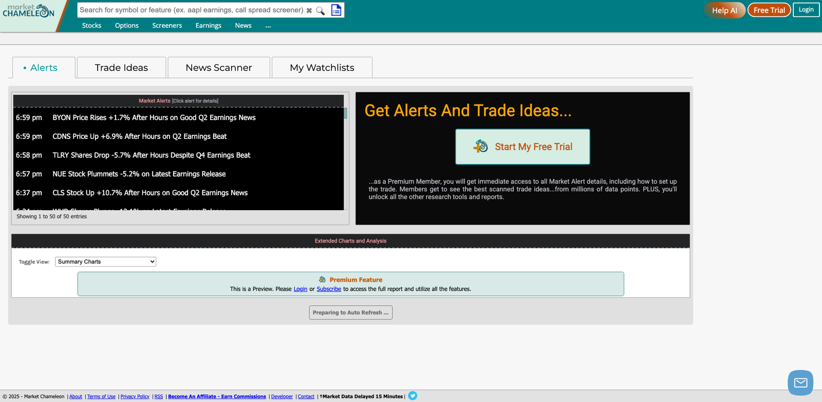 MarketChameleon homepage