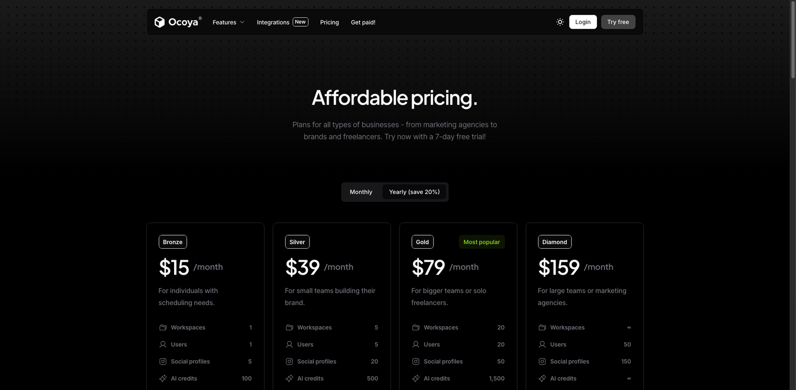 Ocoya Social AI pricing