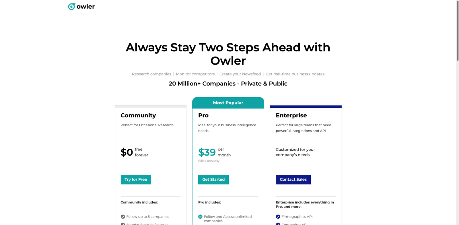 Owler Insights pricing