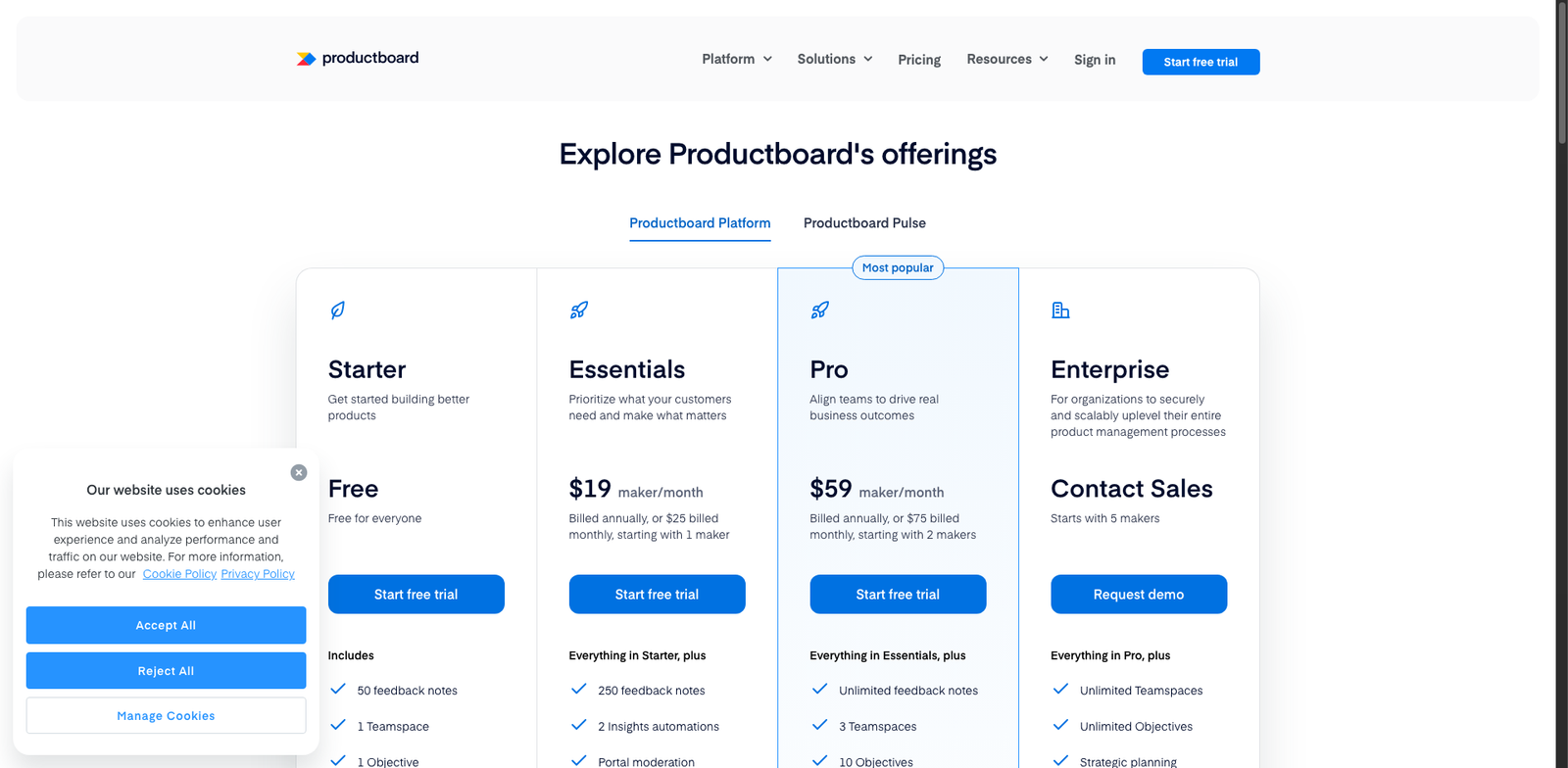 Productboard Insights pricing