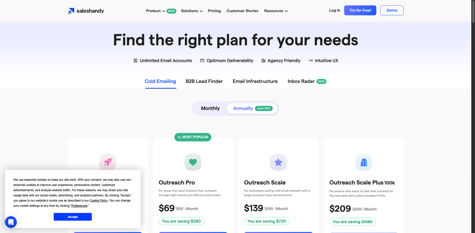 SalesHandy Deliverability pricing