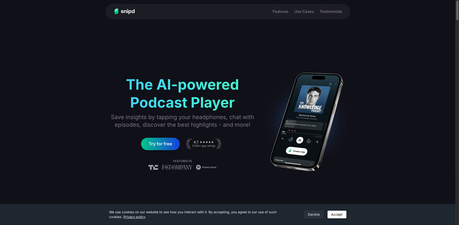 Snipd AI Chapters homepage