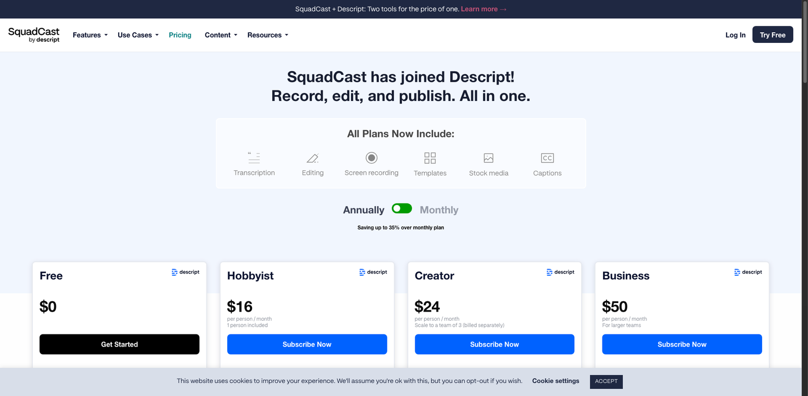 SquadCast Studio pricing