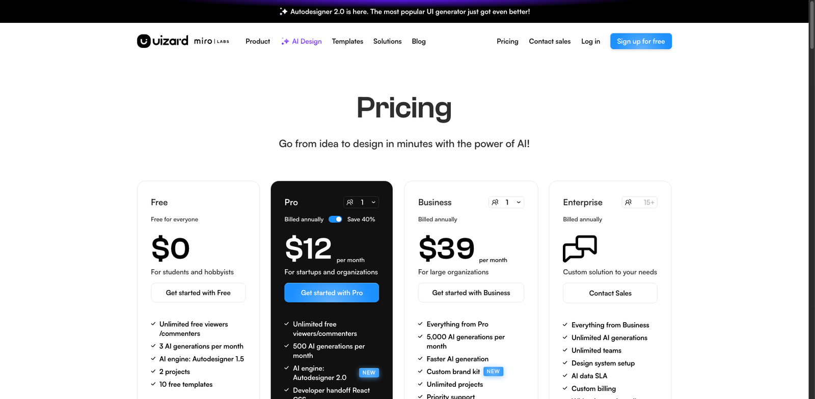 Uizard Autodesigner pricing