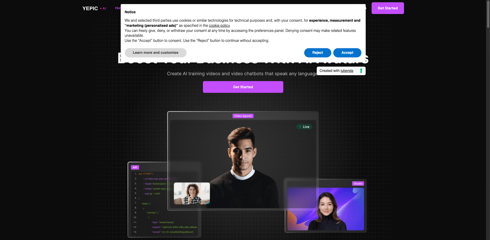 Yepic AI Video homepage
