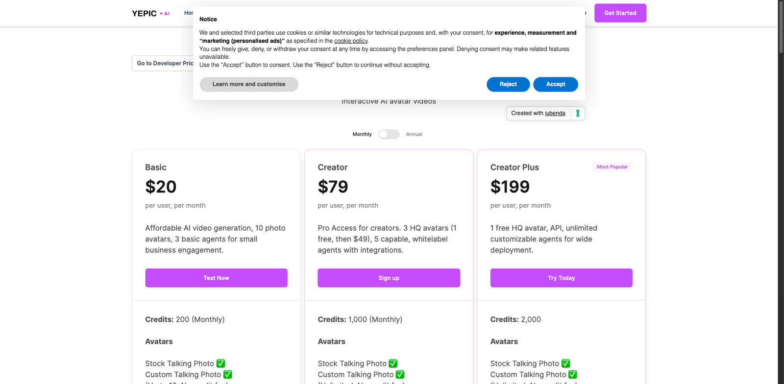 Yepic AI Video pricing